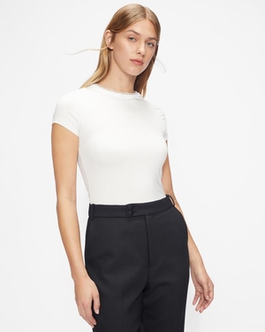 T-Shirt Ted Baker Frill Neck Fitted Blanche Femme | JEW-06849768